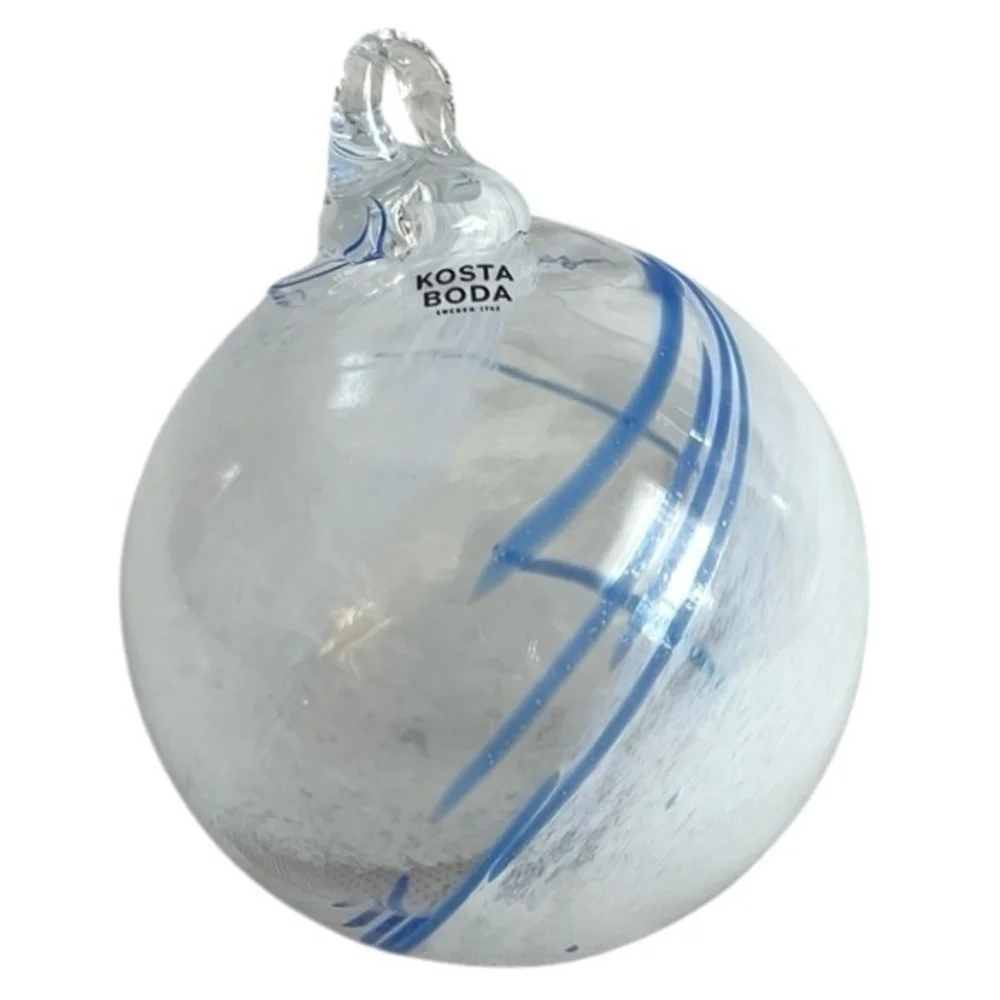 Kosta Boda White Blue Swirl Glass Ball Ornament 3.5